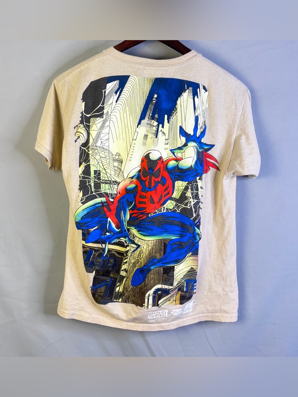 Marvel Menโs Beige Graphic Spider-Man Comic Back Print Tee